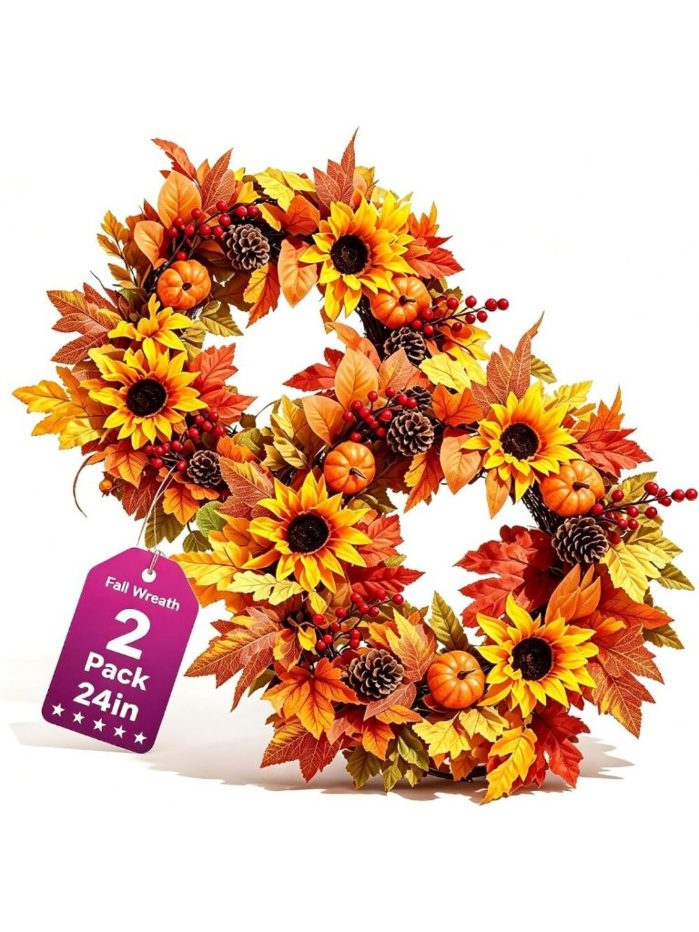 Set of 2 24-Inch Artificial Sunflower Fall Wreaths for Front Door Decor